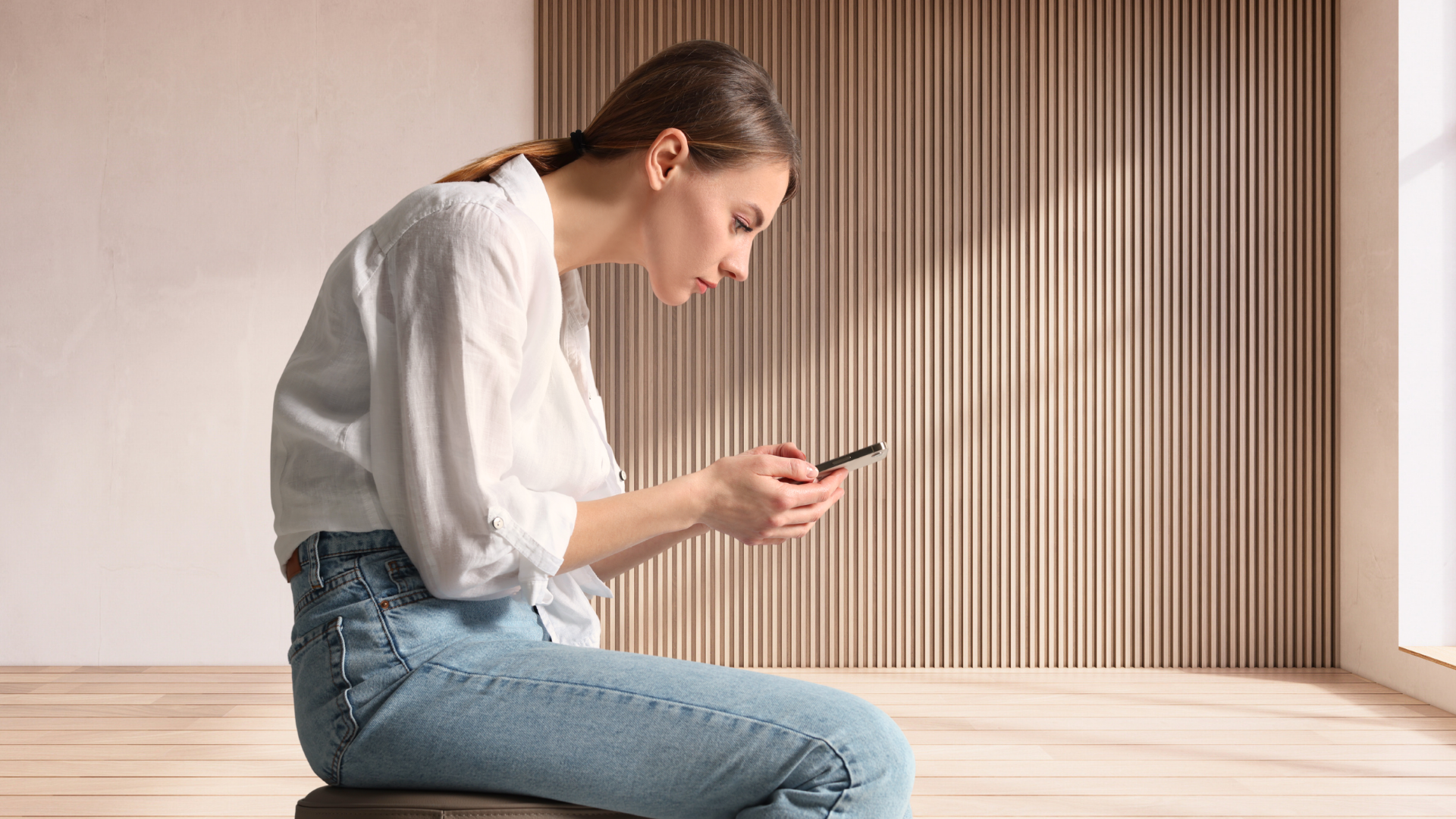 ragazza tutta ricurva in avanti che guarda il cellulare
