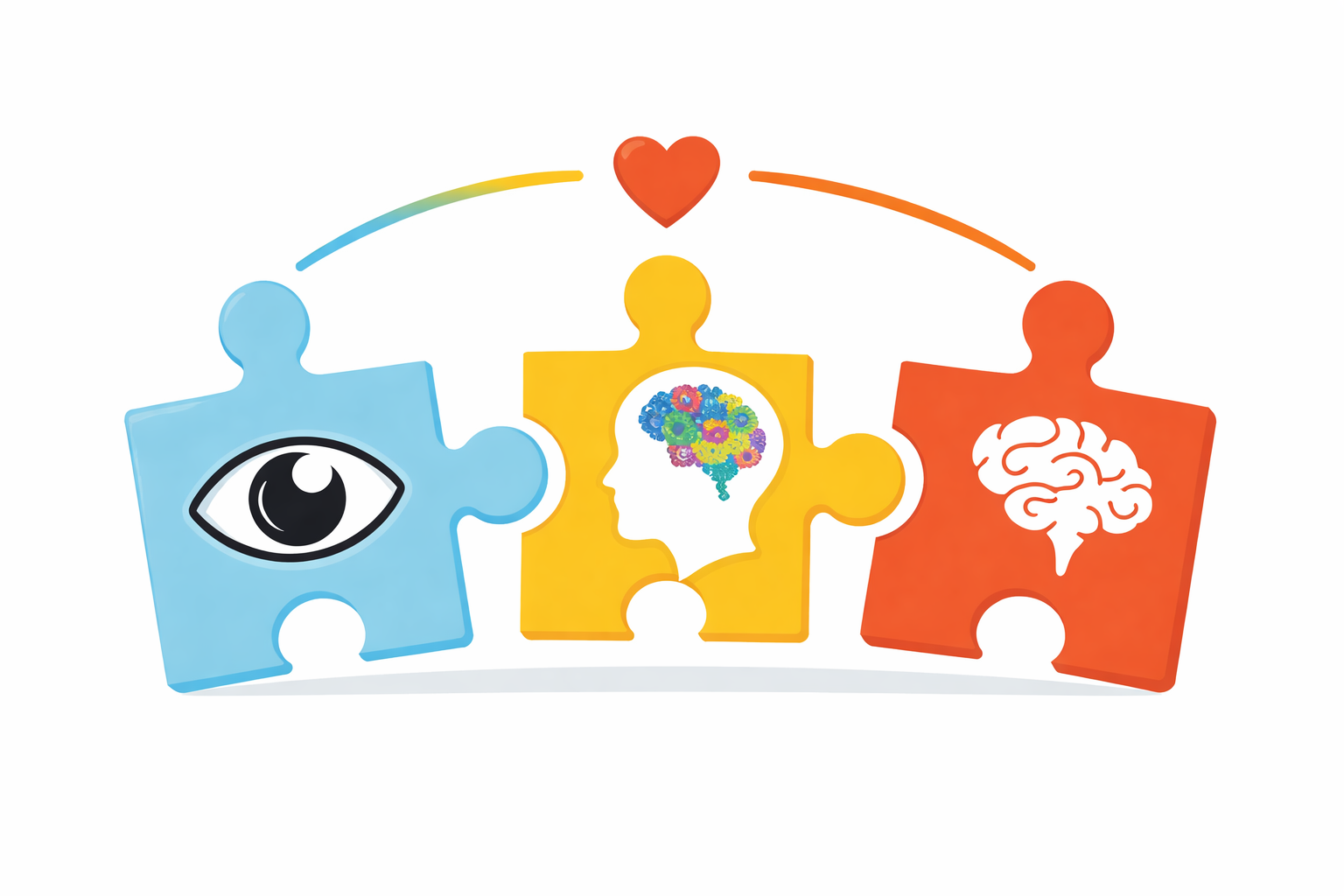 Puzzle che unisce i tre elementi della vista: occhi, cervello e mente