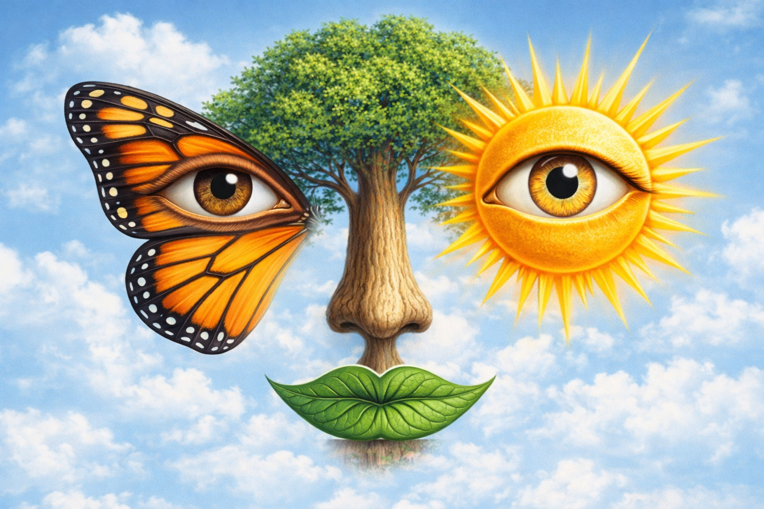 Metà farvalla con un occhio al centro, un albero, un sole con un occhio al centro e una foglia che formano un viso.